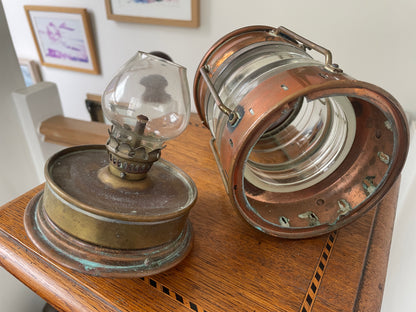Antique Copper Ship’s Lantern – German ‘Ankerlicht’ Anchor Light with Glass Lens (c.1930s–40s)