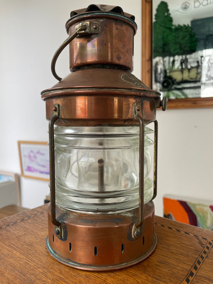 Antique Copper Ship’s Lantern – German ‘Ankerlicht’ Anchor Light with Glass Lens (c.1930s–40s)