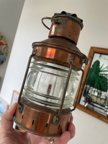 Antique Copper Ship’s Lantern – German ‘Ankerlicht’ Anchor Light with Glass Lens (c.1930s–40s)