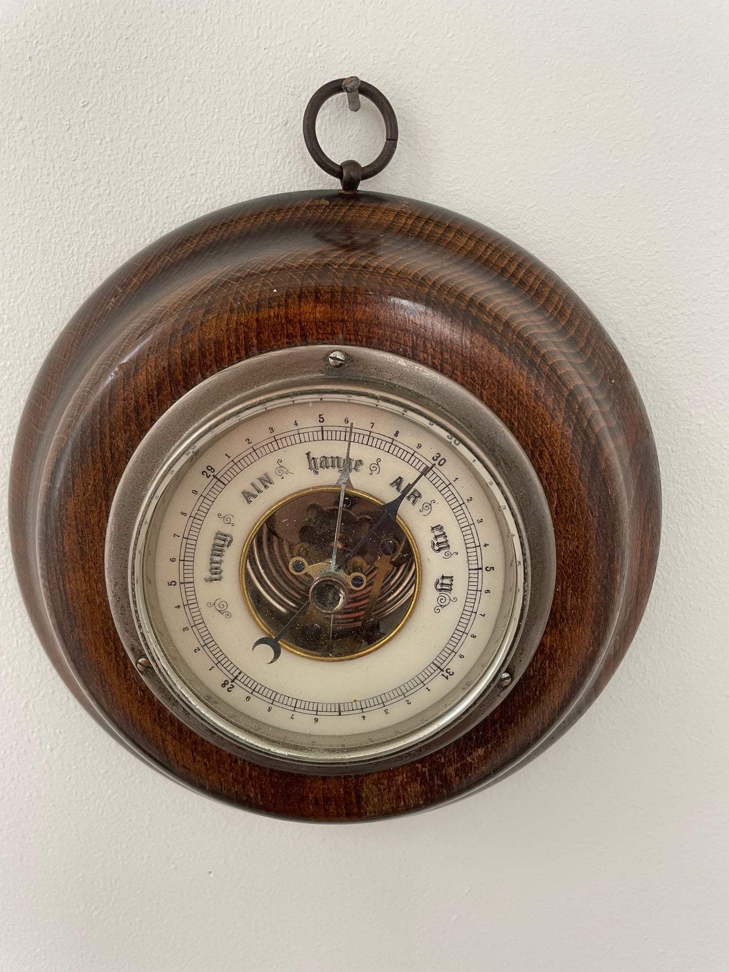 Antique German Aneroid Barometer – G. Lufft Stuttgart Oak-Cased Wall Barometer with Visible Movement (c.1900)