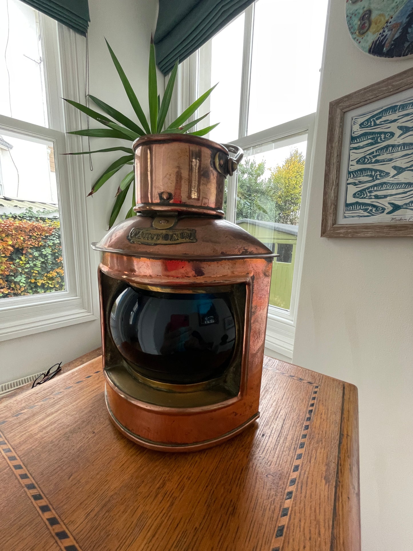 Antique British Copper Ship’s Lantern – “TARBOAR” Navigation Light with Blue Fresnel Lens (c.1900–1920)