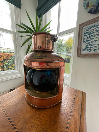 Antique British Copper Ship’s Lantern – “TARBOAR” Navigation Light with Blue Fresnel Lens (c.1900–1920)