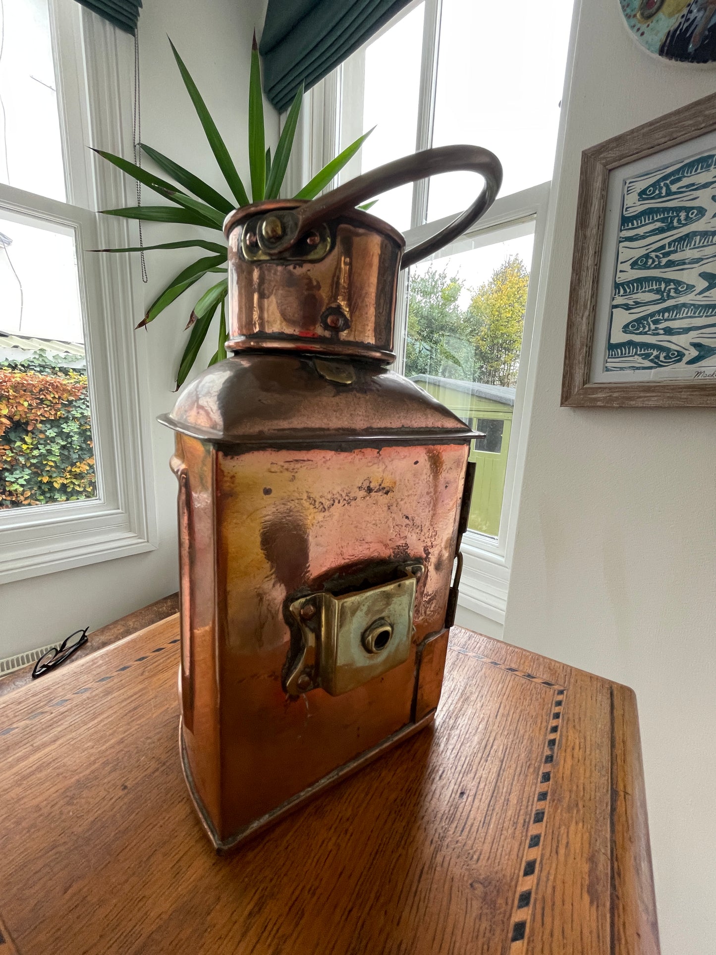 Antique British Copper Ship’s Lantern – “TARBOAR” Navigation Light with Blue Fresnel Lens (c.1900–1920)