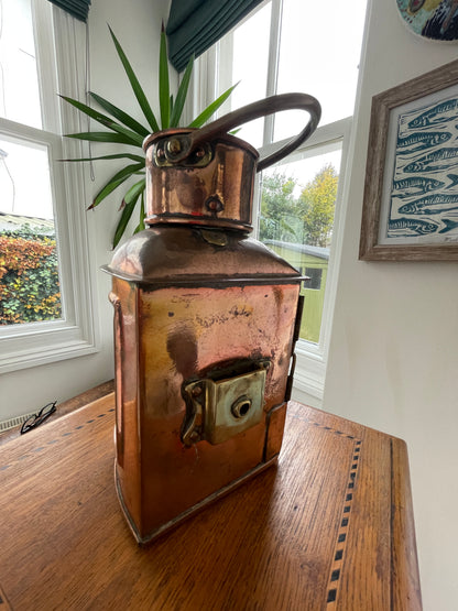 Antique British Copper Ship’s Lantern – “TARBOAR” Navigation Light with Blue Fresnel Lens (c.1900–1920)