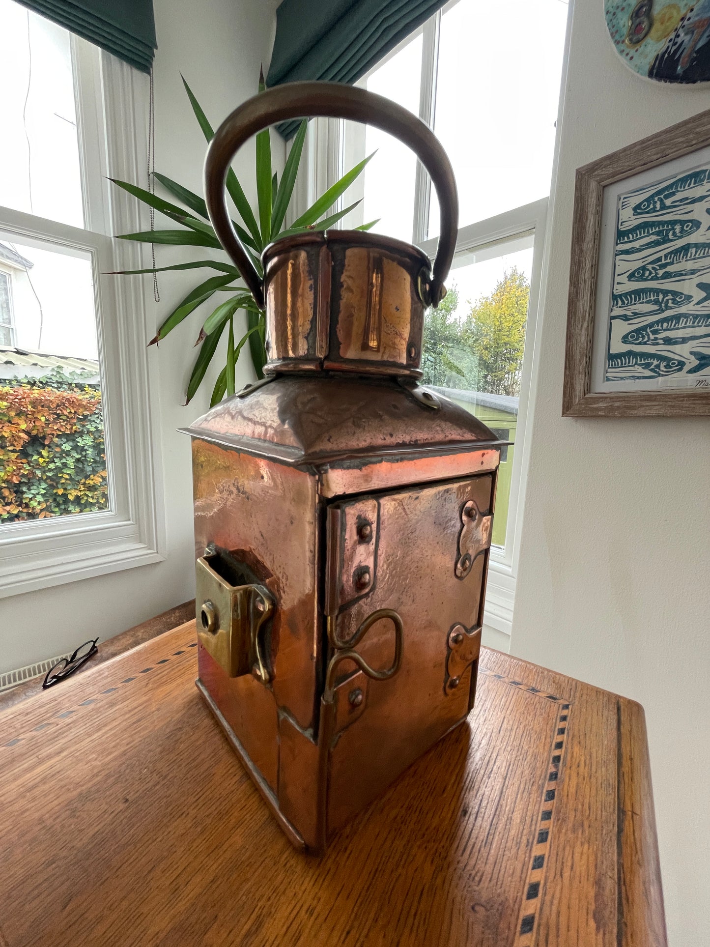 Antique British Copper Ship’s Lantern – “TARBOAR” Navigation Light with Blue Fresnel Lens (c.1900–1920)