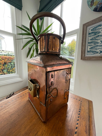 Antique British Copper Ship’s Lantern – “TARBOAR” Navigation Light with Blue Fresnel Lens (c.1900–1920)