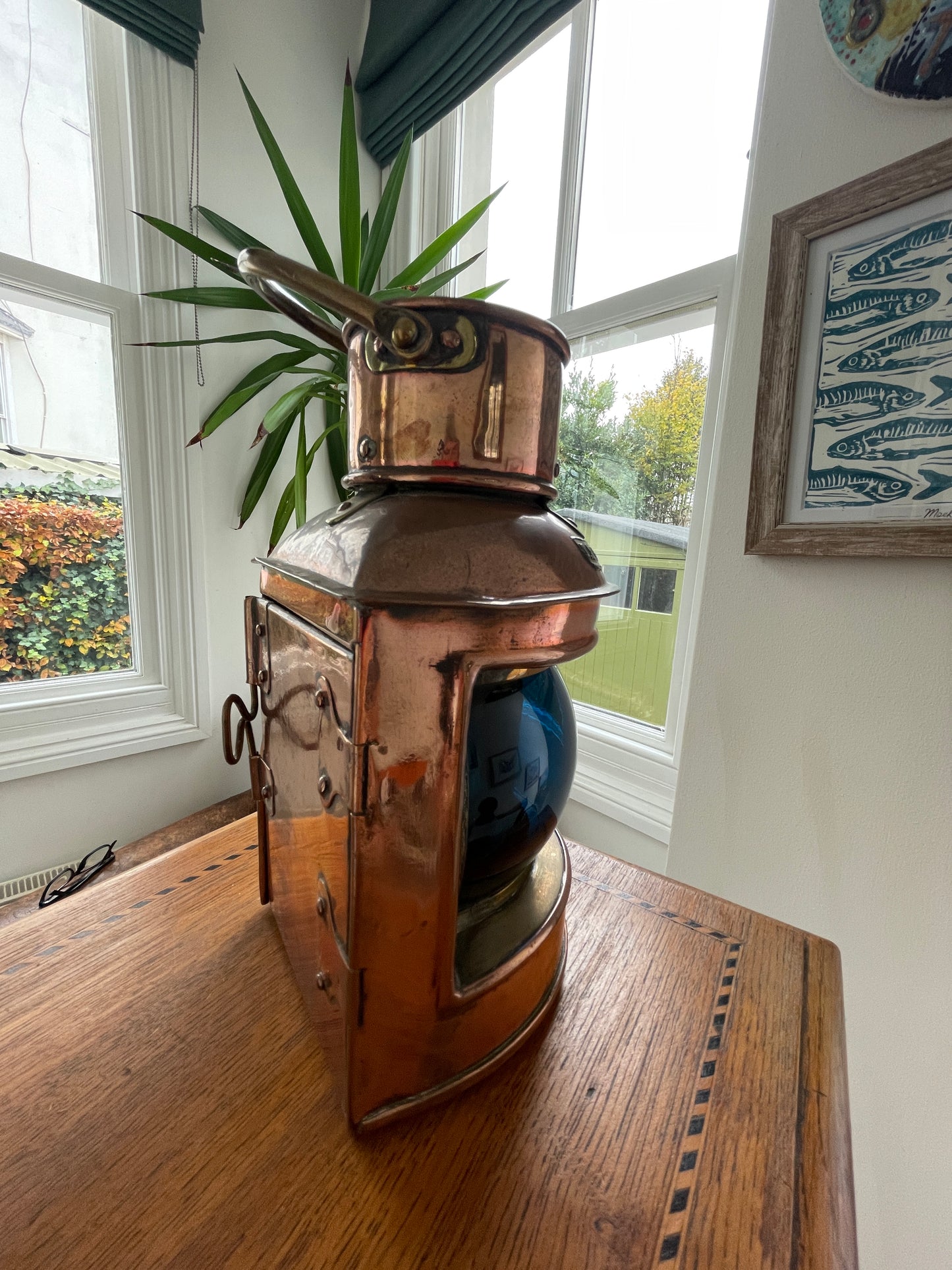 Antique British Copper Ship’s Lantern – “TARBOAR” Navigation Light with Blue Fresnel Lens (c.1900–1920)