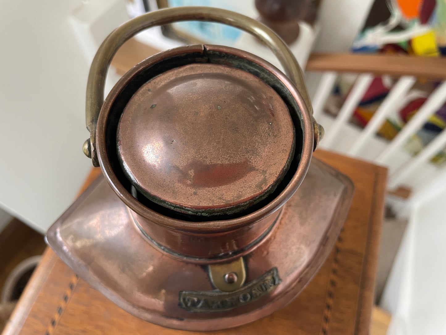 Antique British Copper Ship’s Lantern – “TARBOAR” Navigation Light with Blue Fresnel Lens (c.1900–1920)