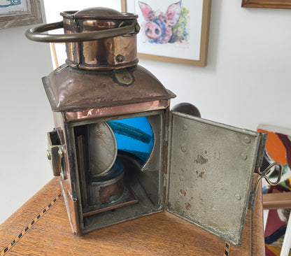 Antique British Copper Ship’s Lantern – “TARBOAR” Navigation Light with Blue Fresnel Lens (c.1900–1920)
