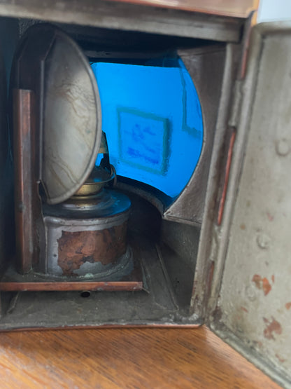 Antique British Copper Ship’s Lantern – “TARBOAR” Navigation Light with Blue Fresnel Lens (c.1900–1920)