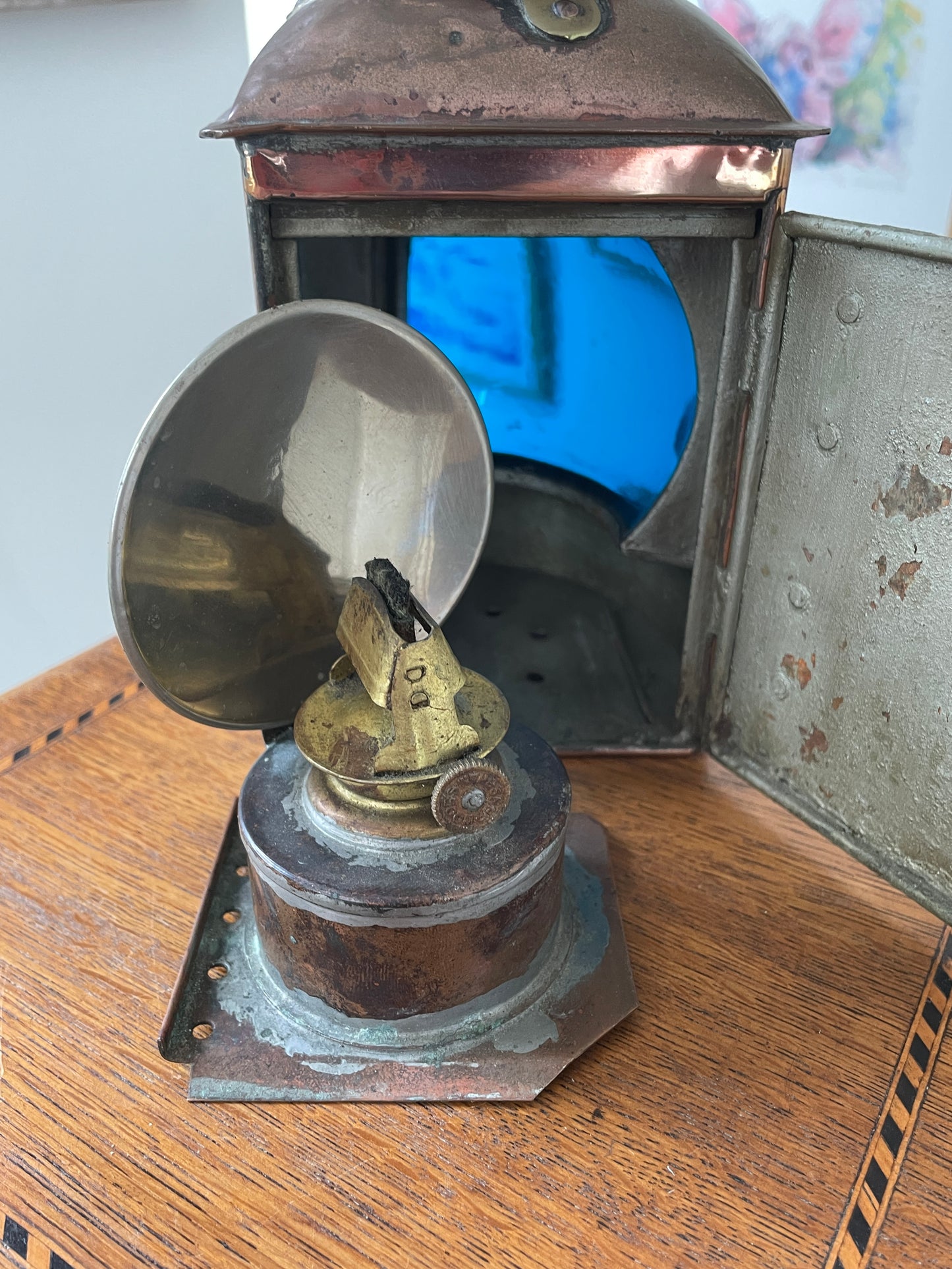 Antique British Copper Ship’s Lantern – “TARBOAR” Navigation Light with Blue Fresnel Lens (c.1900–1920)
