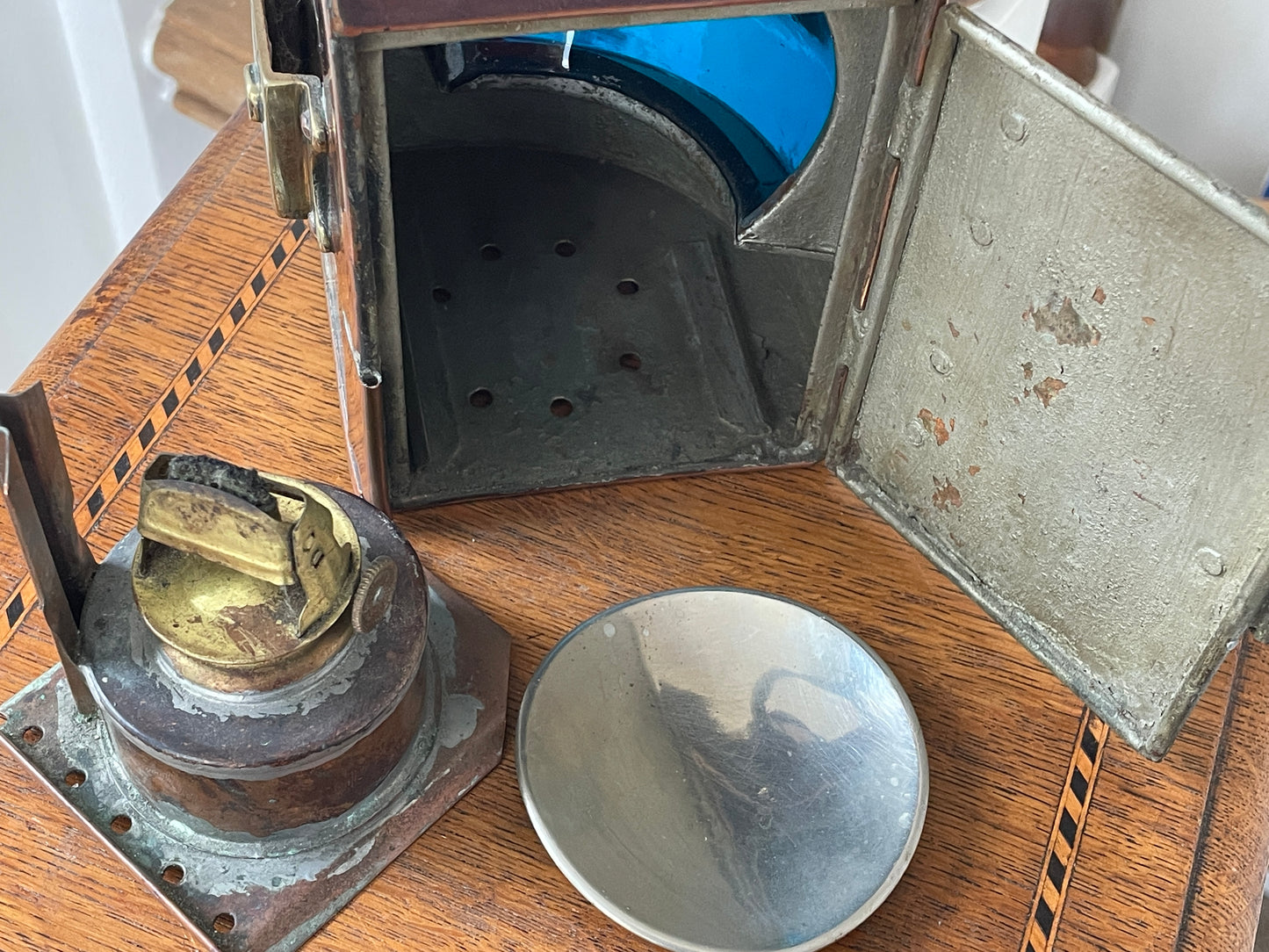 Antique British Copper Ship’s Lantern – “TARBOAR” Navigation Light with Blue Fresnel Lens (c.1900–1920)