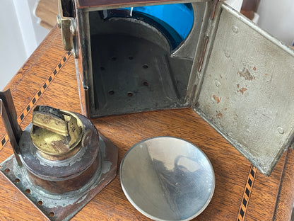 Antique British Copper Ship’s Lantern – “TARBOAR” Navigation Light with Blue Fresnel Lens (c.1900–1920)