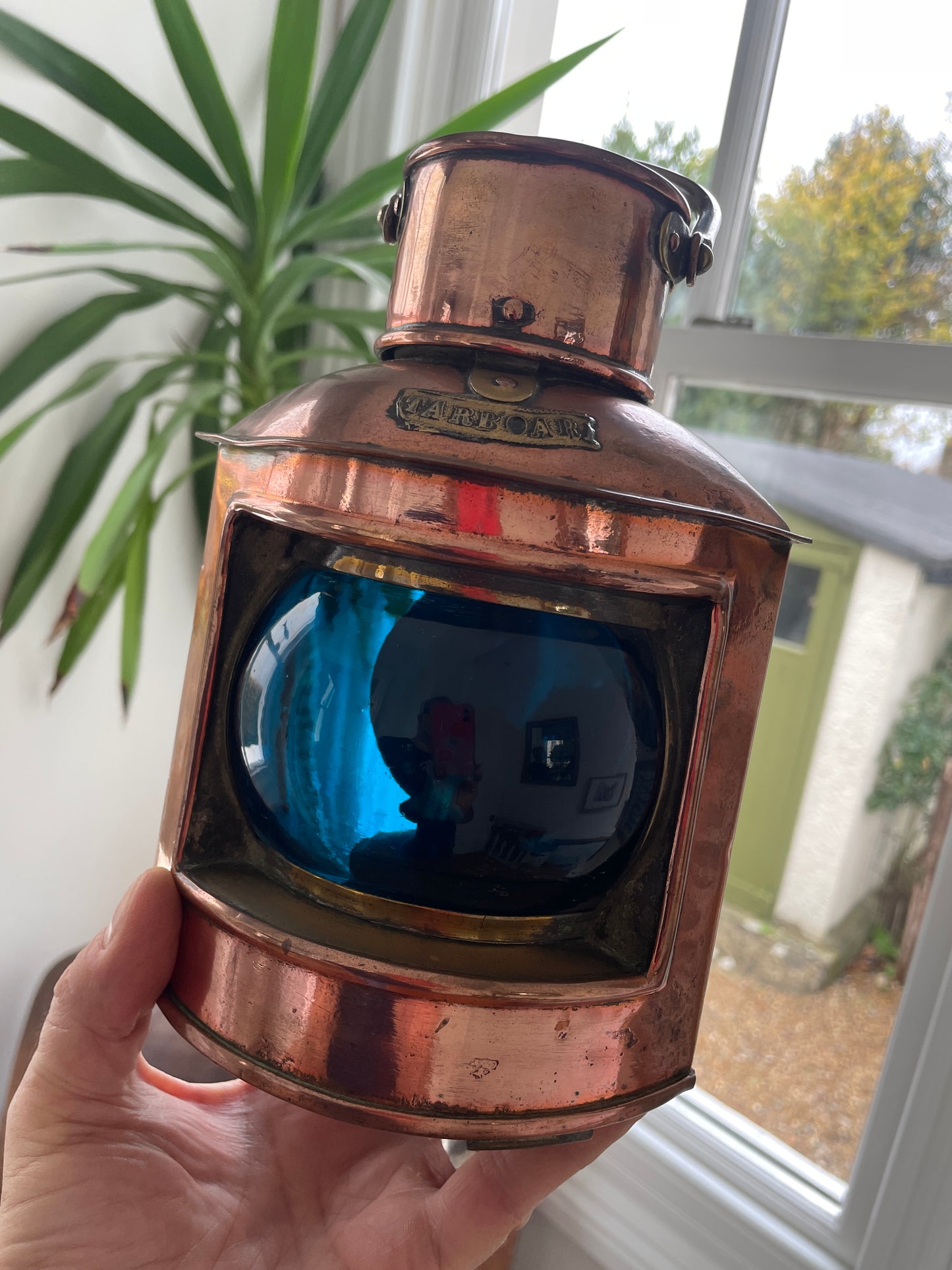 Antique British Copper Ship’s Lantern – “TARBOAR” Navigation Light with Blue Fresnel Lens (c.1900–1920)
