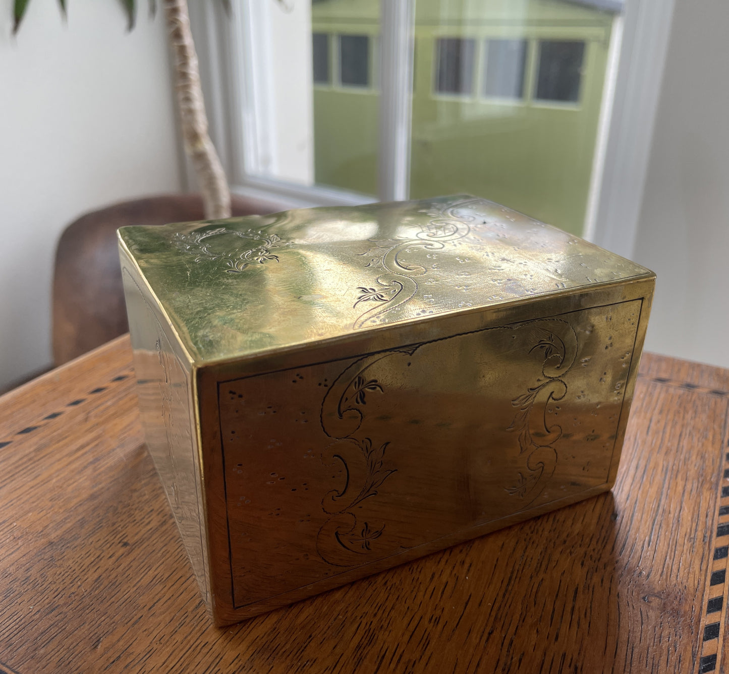 Antique 19th Century Brass Engraved Box – Hinged Victorian Trinket Storage Box