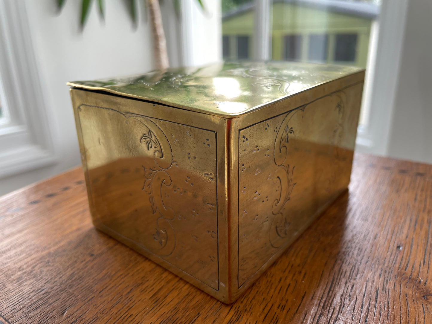 Antique 19th Century Brass Engraved Box – Hinged Victorian Trinket Storage Box