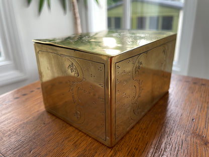 Antique 19th Century Brass Engraved Box – Hinged Victorian Trinket Storage Box