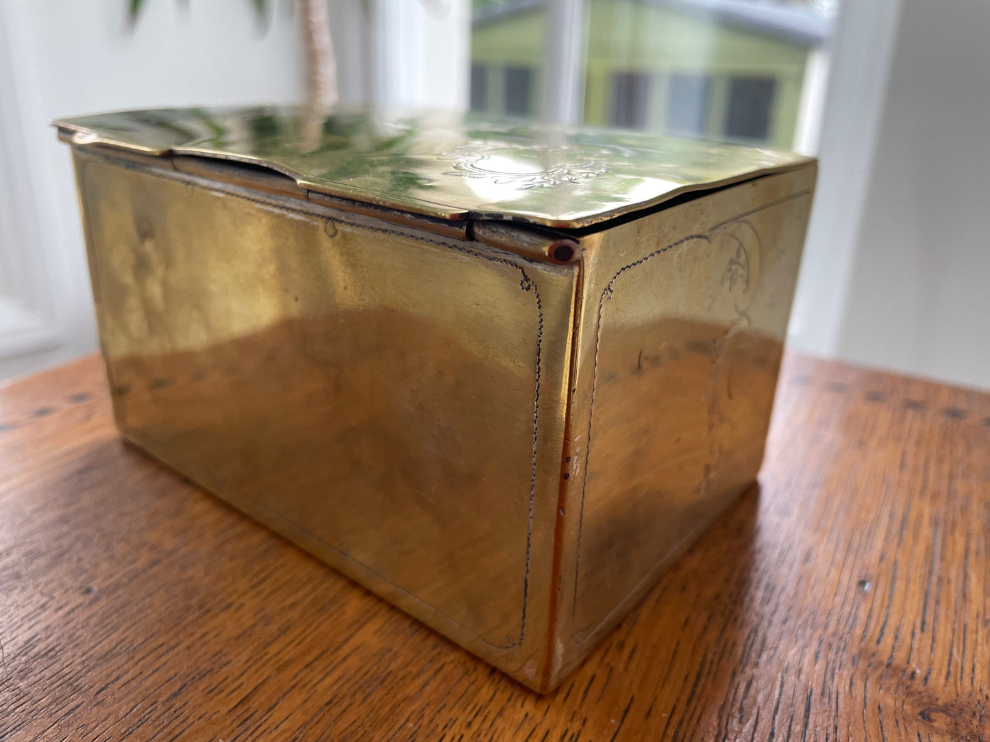 Antique 19th Century Brass Engraved Box – Hinged Victorian Trinket Storage Box