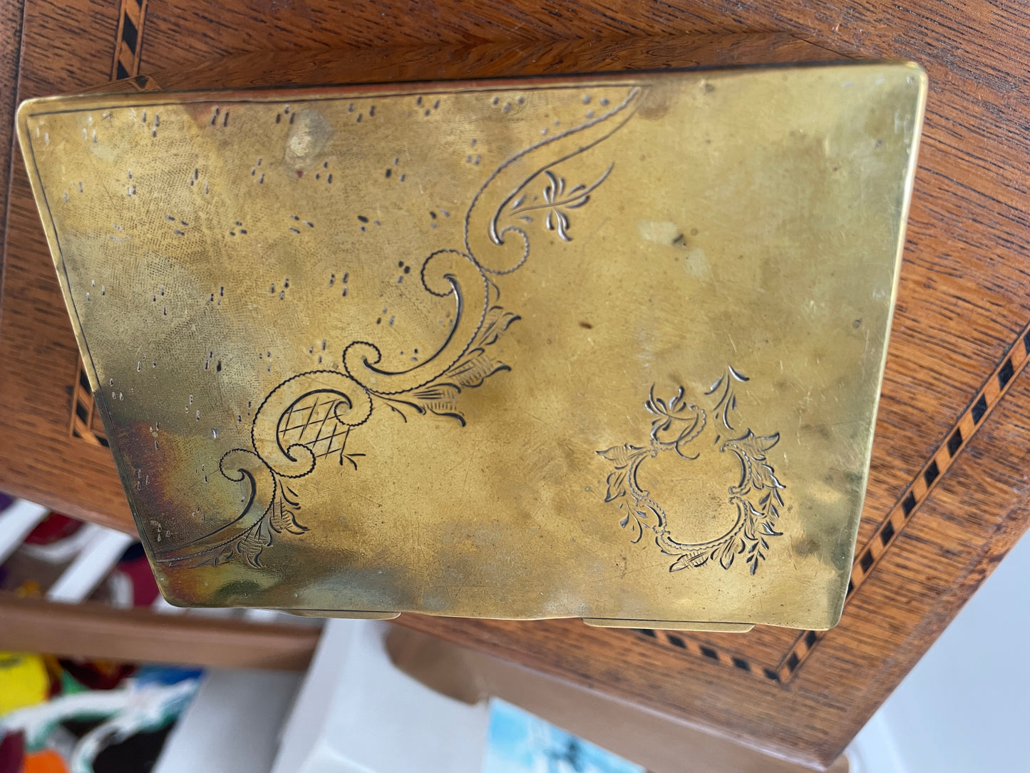 Antique 19th Century Brass Engraved Box – Hinged Victorian Trinket Storage Box