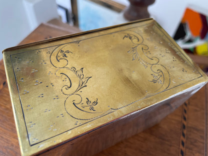 Antique 19th Century Brass Engraved Box – Hinged Victorian Trinket Storage Box