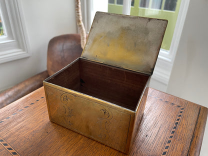 Antique 19th Century Brass Engraved Box – Hinged Victorian Trinket Storage Box