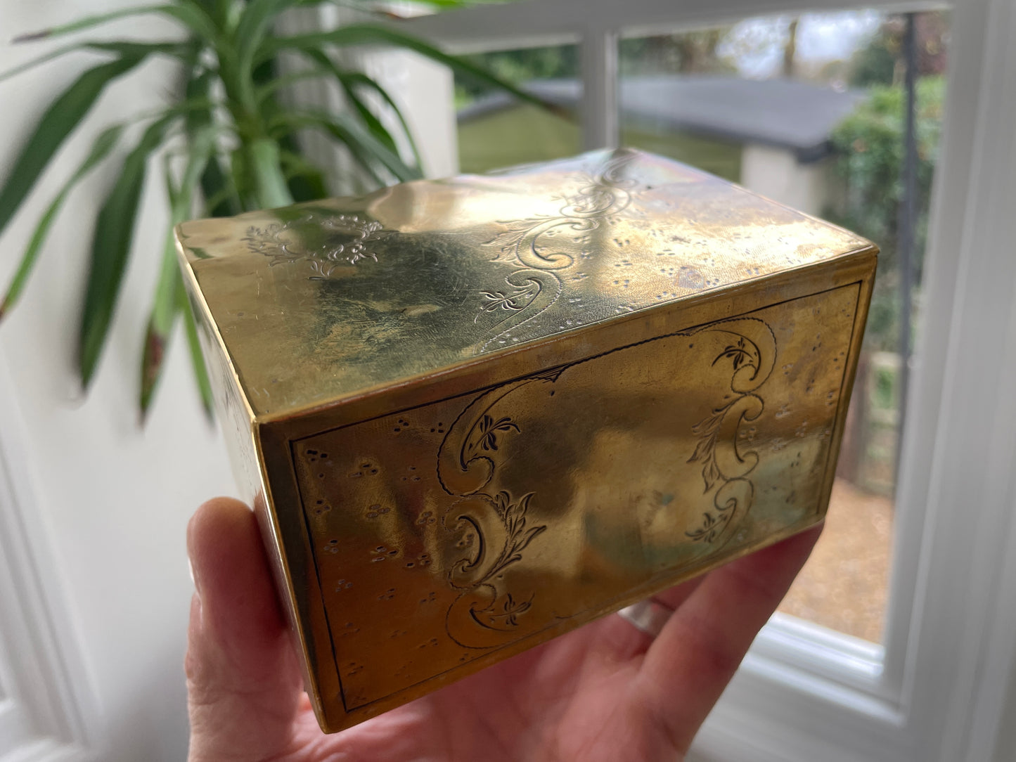 Antique 19th Century Brass Engraved Box – Hinged Victorian Trinket Storage Box