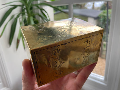 Antique 19th Century Brass Engraved Box – Hinged Victorian Trinket Storage Box
