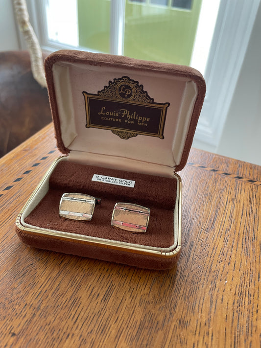 Vintage Louis Philippe Men’s Jewellery Case with Retro Cufflinks – 9ct Gold on Silver Label (c.1960s)