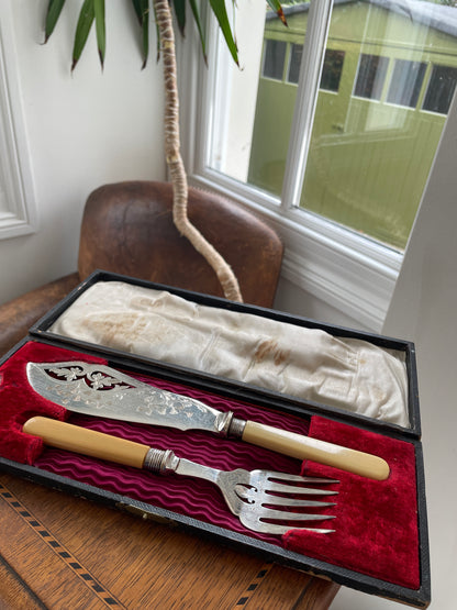 Antique Sheffield Silver & EPNS Fish Knife and Fork Set – Ivorine Handles, J.A. Scholes, Date Letter D (c.1900)