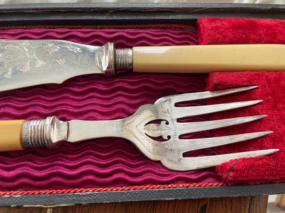 Antique Sheffield Silver & EPNS Fish Knife and Fork Set – Ivorine Handles, J.A. Scholes, Date Letter D (c.1900)