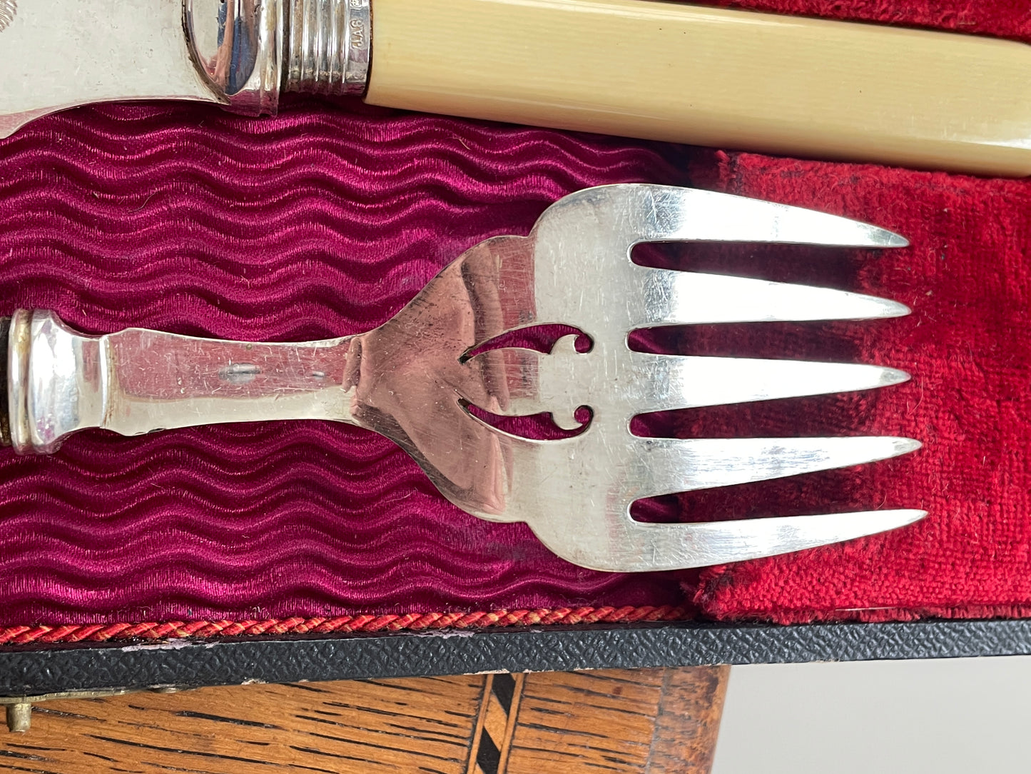 Antique Sheffield Silver & EPNS Fish Knife and Fork Set – Ivorine Handles, J.A. Scholes, Date Letter D (c.1900)
