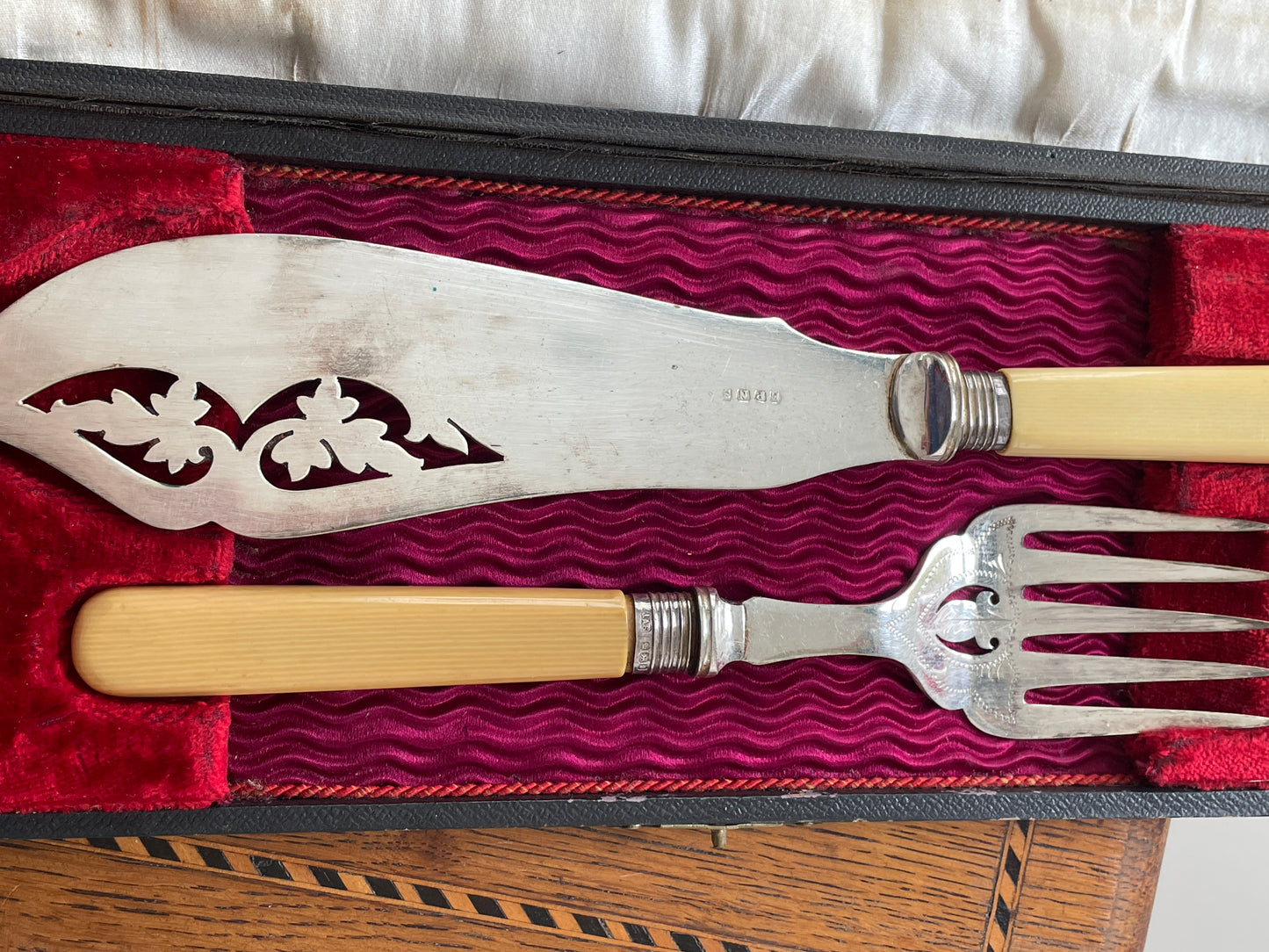 Antique Sheffield Silver & EPNS Fish Knife and Fork Set – Ivorine Handles, J.A. Scholes, Date Letter D (c.1900)