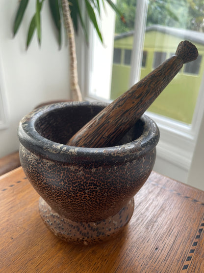 Vintage Coconut Palm Wood Mortar & Pestle – Hand-Carved Southeast Asian Kitchen Grinder (c.20th Century)