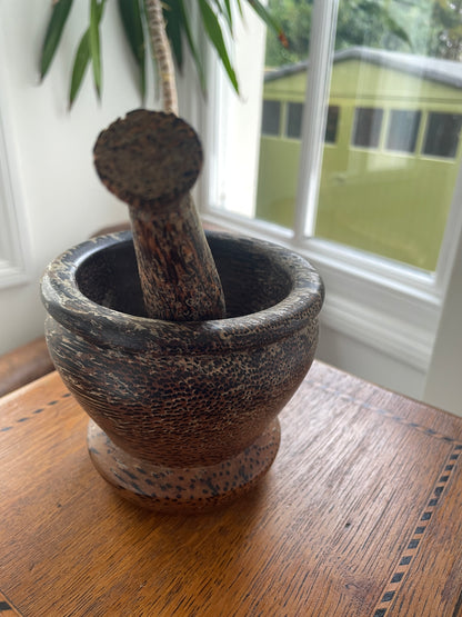 Vintage Coconut Palm Wood Mortar & Pestle – Hand-Carved Southeast Asian Kitchen Grinder (c.20th Century)