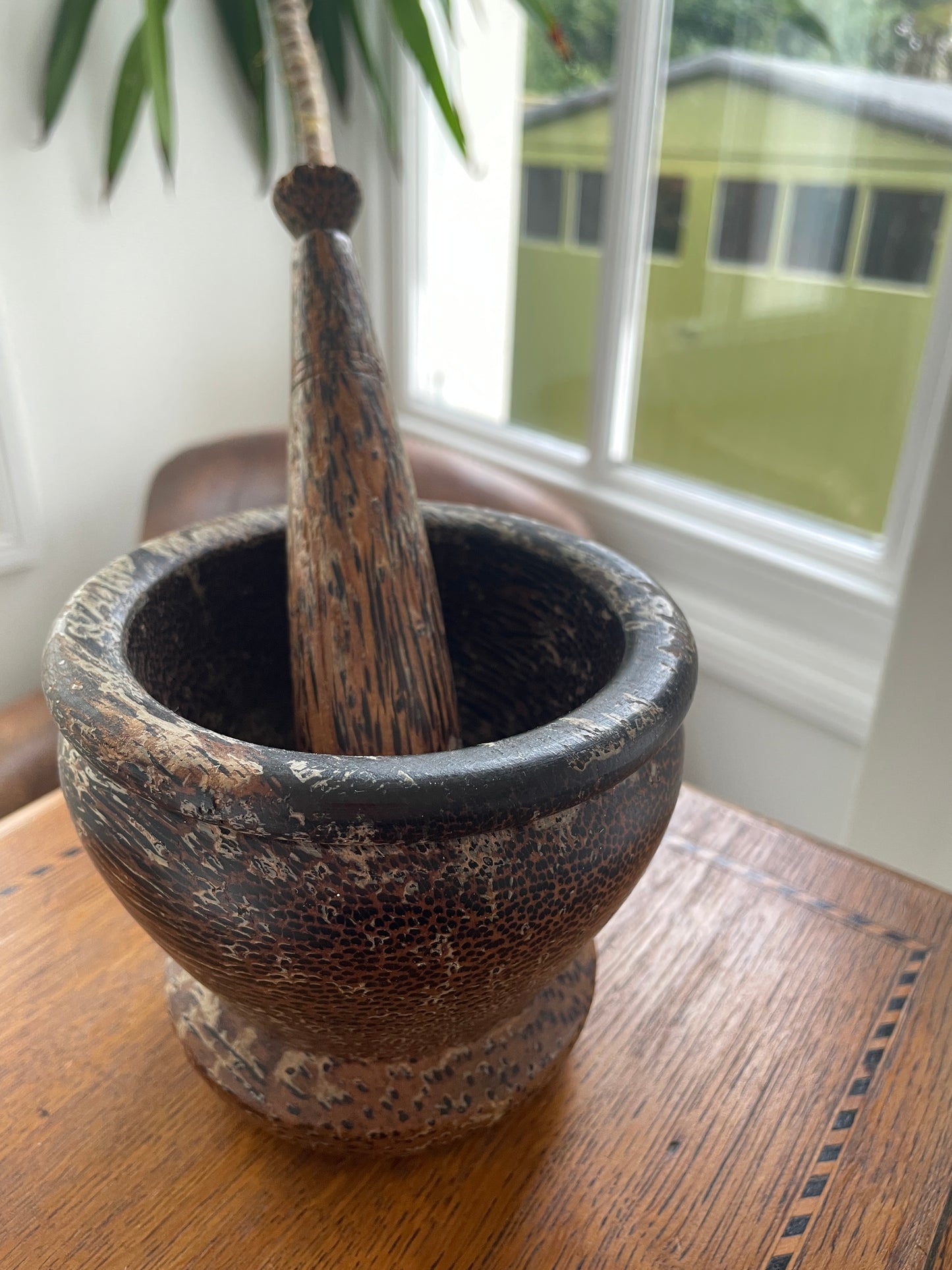 Vintage Coconut Palm Wood Mortar & Pestle – Hand-Carved Southeast Asian Kitchen Grinder (c.20th Century)