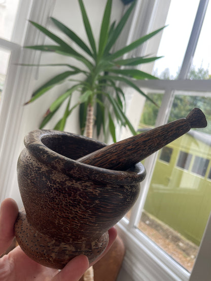 Vintage Coconut Palm Wood Mortar & Pestle – Hand-Carved Southeast Asian Kitchen Grinder (c.20th Century)