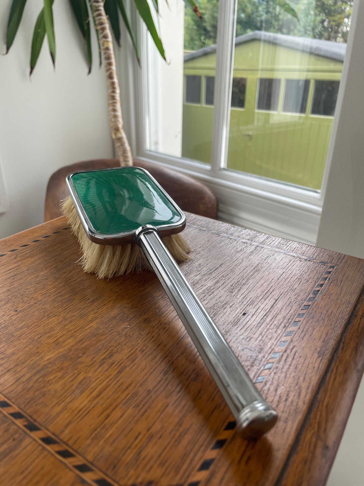 Vintage Green Guilloché-Style Enamel Vanity Brush – Chrome-Plated Dressing Table Brush (c.1950s)