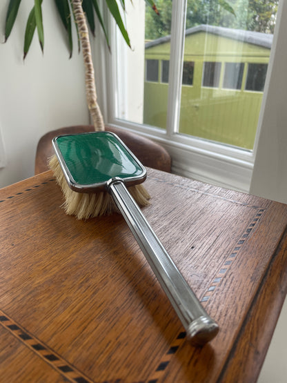 Vintage Green Guilloché-Style Enamel Vanity Brush – Chrome-Plated Dressing Table Brush (c.1950s)