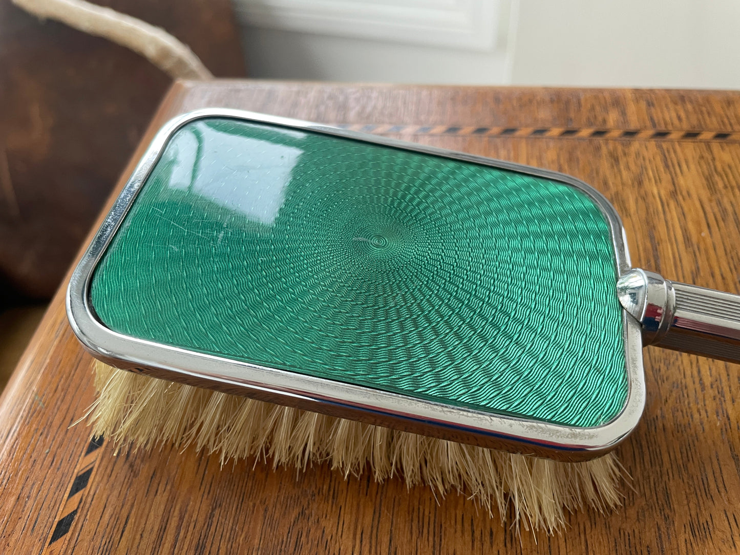 Vintage Green Guilloché-Style Enamel Vanity Brush – Chrome-Plated Dressing Table Brush (c.1950s)