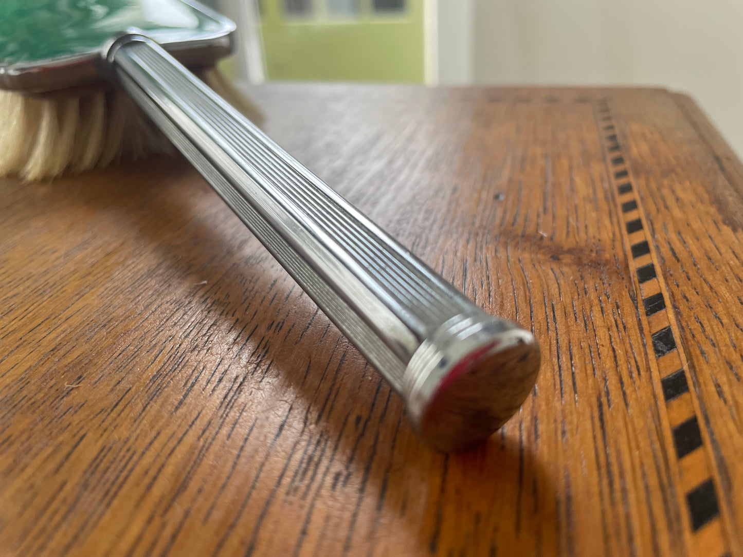 Vintage Green Guilloché-Style Enamel Vanity Brush – Chrome-Plated Dressing Table Brush (c.1950s)