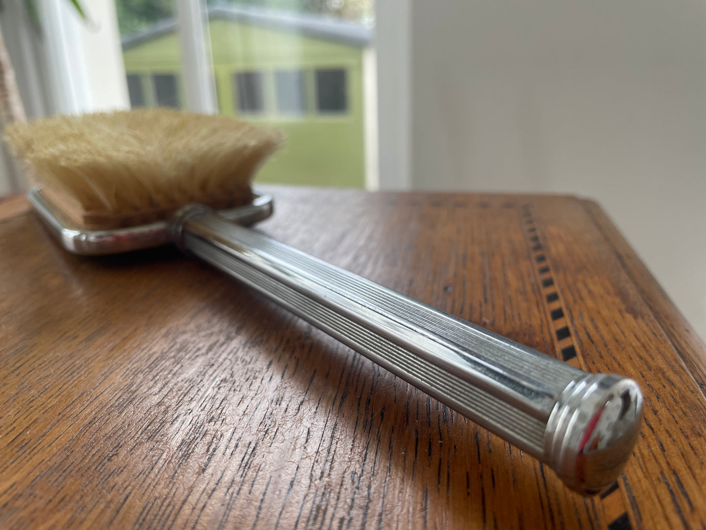 Vintage Green Guilloché-Style Enamel Vanity Brush – Chrome-Plated Dressing Table Brush (c.1950s)