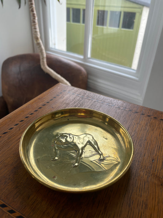 Vintage Brass Bulldog Dish – Embossed Dog Decorative Tray c.1950s