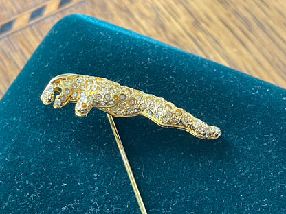 Vintage Jaguar Leaping Cat Tie Pin – Gold Tone & Crystal Motif in Original Box (c. late 20th Century)