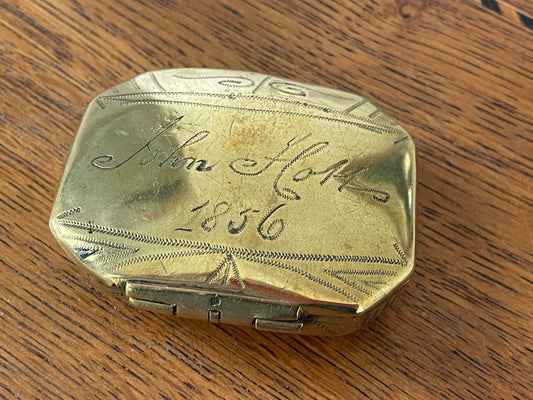 Antique British Brass Snuff Box – Hand Engraved ‘John Hall 1856’ with Wriggle-Work Decoration (c.1856)