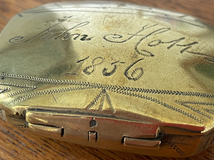 Antique British Brass Snuff Box – Hand Engraved ‘John Hall 1856’ with Wriggle-Work Decoration (c.1856)
