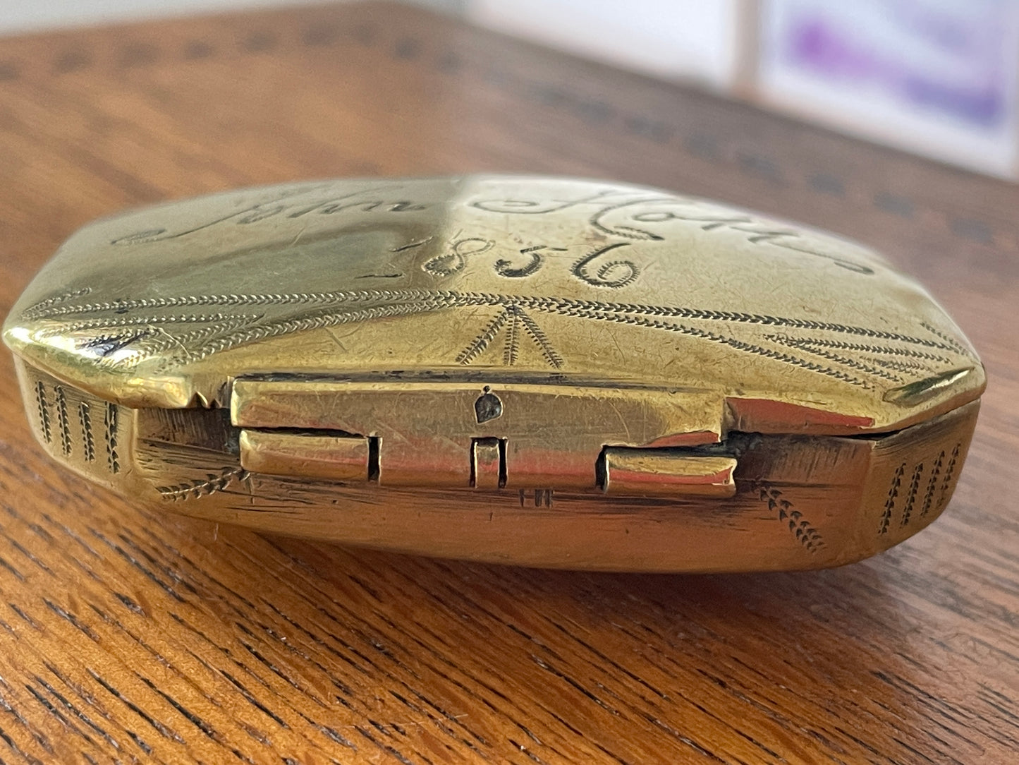 Antique British Brass Snuff Box – Hand Engraved ‘John Hall 1856’ with Wriggle-Work Decoration (c.1856)