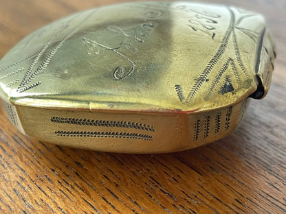 Antique British Brass Snuff Box – Hand Engraved ‘John Hall 1856’ with Wriggle-Work Decoration (c.1856)