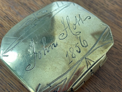 Antique British Brass Snuff Box – Hand Engraved ‘John Hall 1856’ with Wriggle-Work Decoration (c.1856)