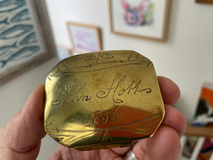 Antique British Brass Snuff Box – Hand Engraved ‘John Hall 1856’ with Wriggle-Work Decoration (c.1856)