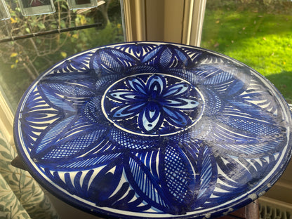 Vintage Spanish Hand-Painted Ceramic Charger – Cobalt Blue Geometric Floral Design (35cm, mid-20th century)